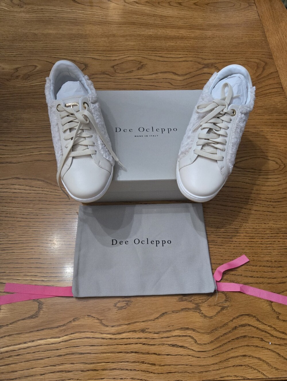 Dee Ocleppo Cream Shearling-Trim Leather Sneakers
